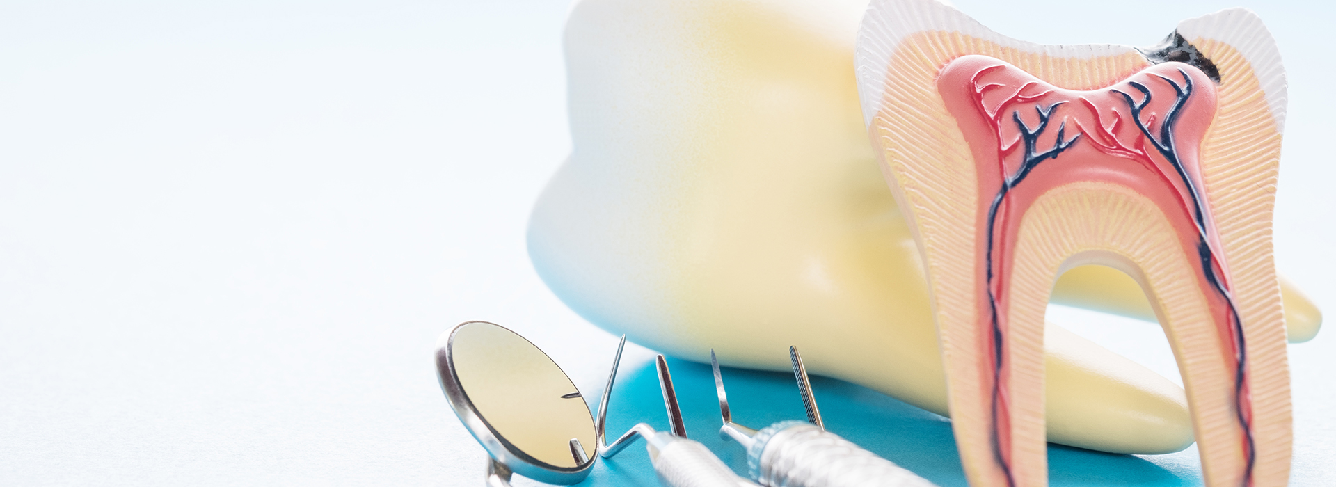 The image shows a pair of oversized toothbrushes with toothpaste on them placed against a blue background.