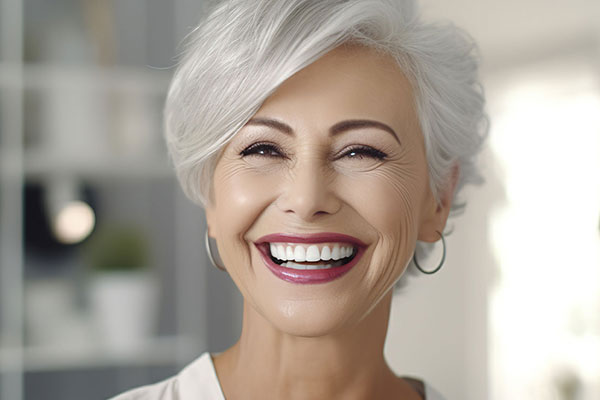 The image shows a woman with short hair smiling broadly at the camera, wearing makeup and a white top, set against a blurred indoor background.